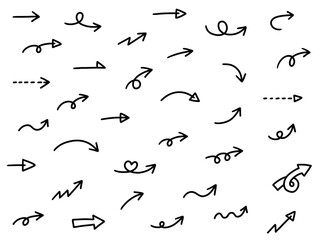 手書きのゆるい矢印アイコンのベクターイラストセット。方向、手描き、シンプル、やじるし