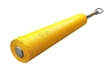 An aged bright yellow paint roller with a story of vibrant walls painted under sunny skies and on transparent background