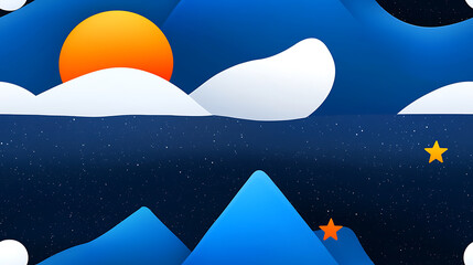 Obraz premium Calm peaceful abstract landscape illustration with mountains clouds stars and sun seamless pattern ideal for design