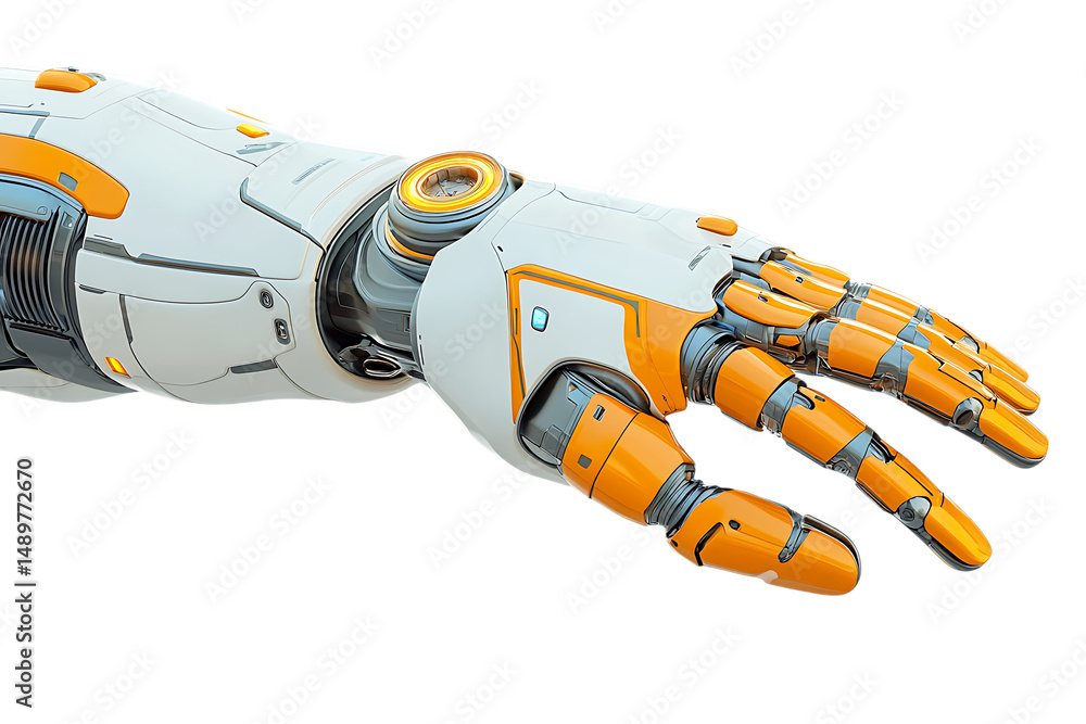 Poster close-up of futuristic white and orange robot arm and hand reaching down on trasparent background