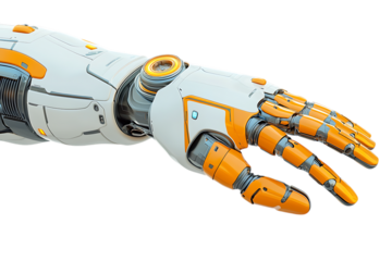 Close-up of futuristic white and orange robot arm and hand reaching down on trasparent background