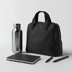 A sleek black tote bag sits beside a silver water bottle, a black notebook, and two black pens on a light gray background