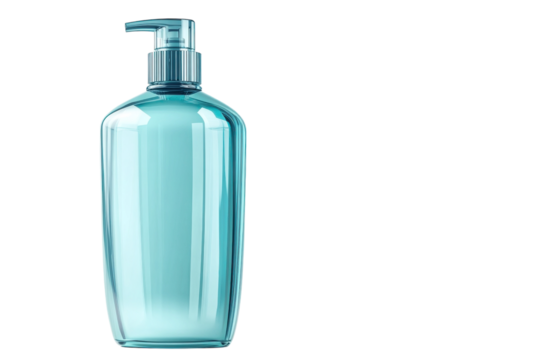 An elegant translucent turquoise dispenser bottle symbolizing cleanliness and hygiene set on transparent background