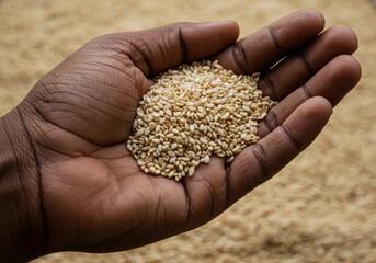 A black hand cradles a generous portion of freshly harvested sesame seeds, a close-up shot.