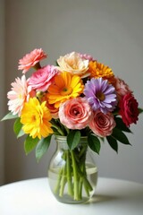 Fototapeta premium A vibrant bouquet of multicolored flowers arranged in a clear glass vase, showcasing a delightful mix of gerbera daisies, roses, and other blossoms, creating a cheerful and elegant display.