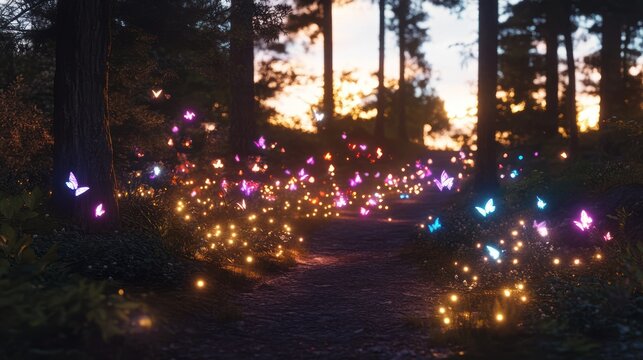 Magical sunset path, glowing butterflies, forest - Powered by Adobe