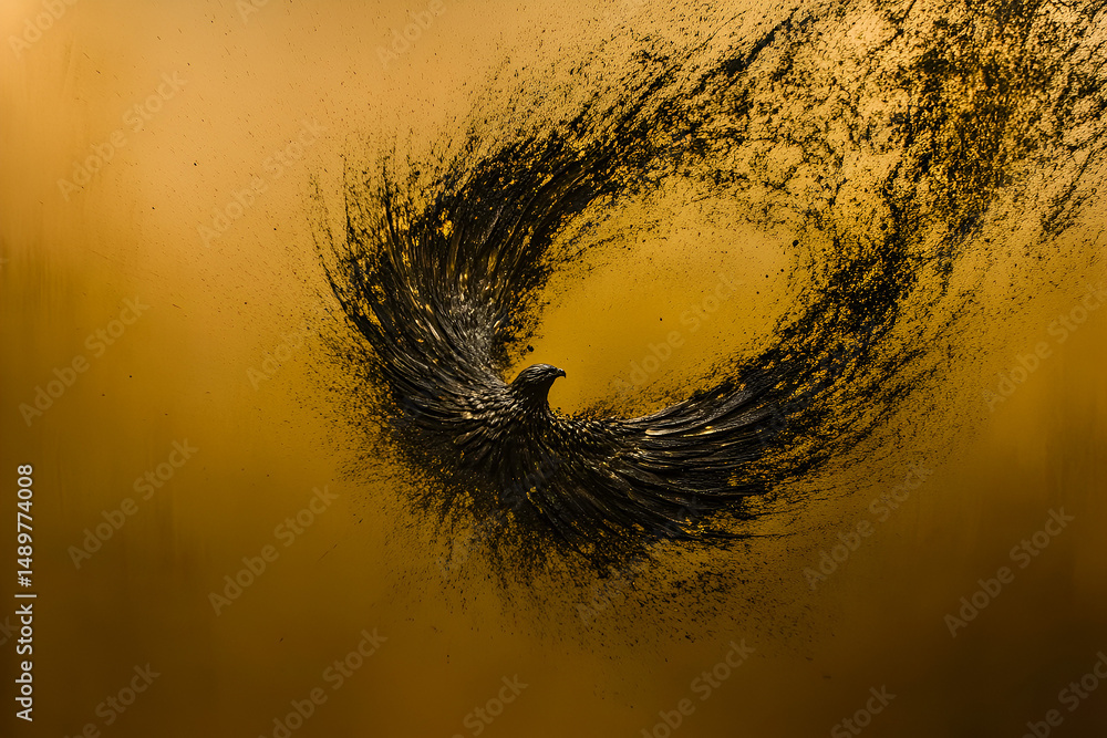 Poster artistic representation of a majestic bird in flight with splatter effects on a golden background