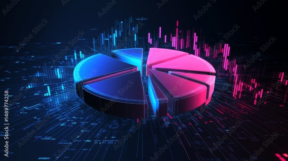 Poster an abstract d pie chart with dynamic movement, where slices rotate and change color, symbolizing the