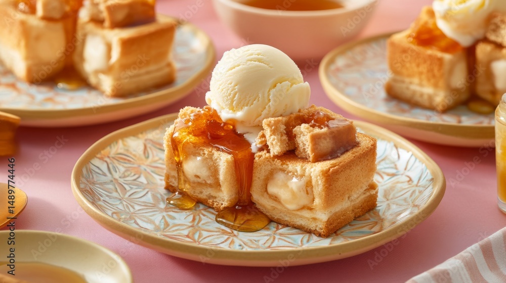 Poster an artistic arrangement of honey toast served on a patterned plate, with a scoop of ice cream meltin