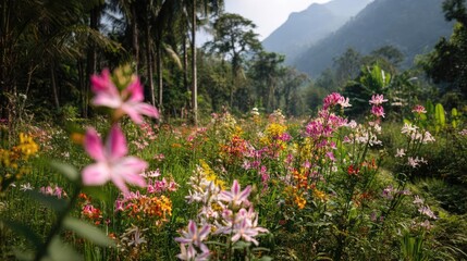 Blooming flowers in meadow with mystical tropical landscapes concept. Vibrant wildflowers in a serene mountain landscape.