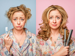 before and after of a woman getting up late for work