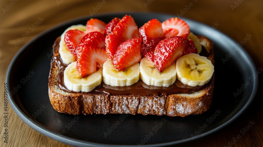 Poster an artistic shot of honey toast with a thick layer of nutella, topped with sliced strawberries and b