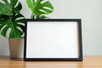 Blank picture frame on a wooden surface next to a potted plant with large leaves