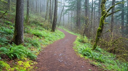 Obraz premium Misty forest trail winding uphill, ferns lining path, background trees. Nature, hiking, travel