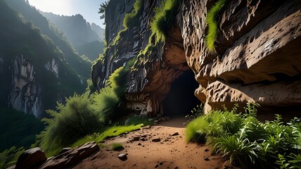Obraz premium A cave entrance hidden in the side of a mountain 