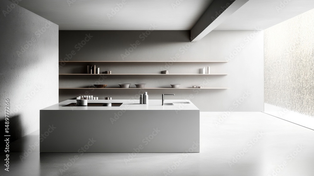 Poster a bright and airy minimalist kitchen with a simple island, clean countertops, and open shelving that