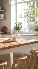 Sunlit kitchen island with light wood table, stools, and simple d?cor including a glass vase with greenery and small jars