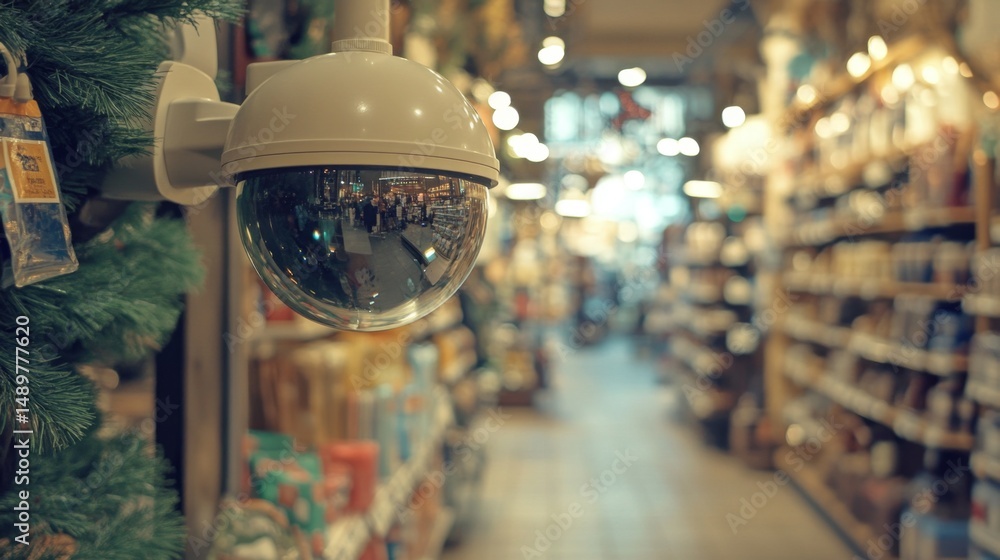 Poster A close-up of a dome-shaped CCTV camera installed in a retail store, with reflections of products visible on the camera lens, emphasizing security in shopping environments.