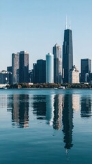 Obraz premium View of City Skyline Reflected in Water from Opposite Shoreline