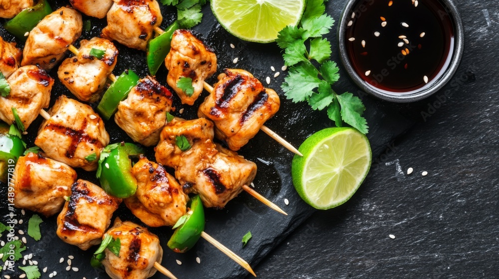 Poster A close-up of a grilled yakitori skewer with tender chicken pieces and green peppers, beautifully presented with a side of soy sauce and garnished with lime wedges.