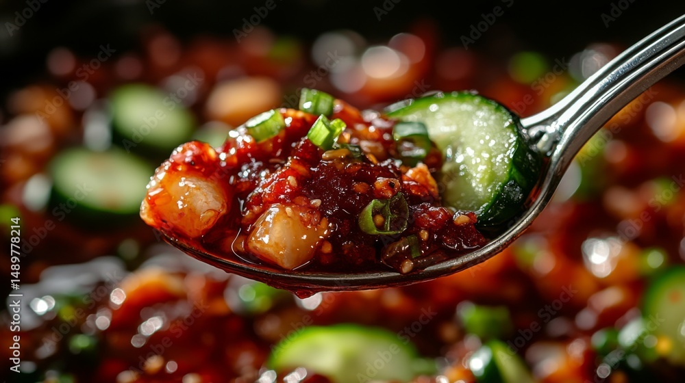 Poster a close-up of a spoonful of rich chili dip being scooped up with a fresh cucumber slice, highlightin