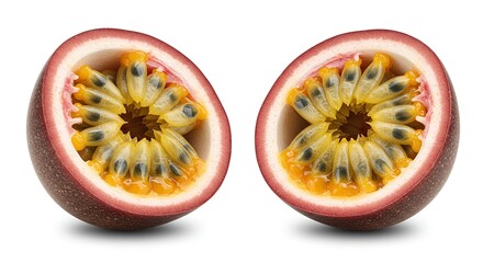 Fresh Passion Fruit Cut in Half Isolated on White Background