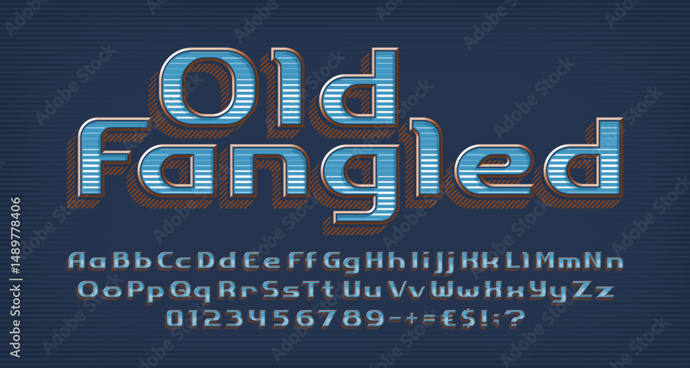 Poster old fangled alphabet font. sans serif letters and numbers. uppercase and lowercase. vector typeface 