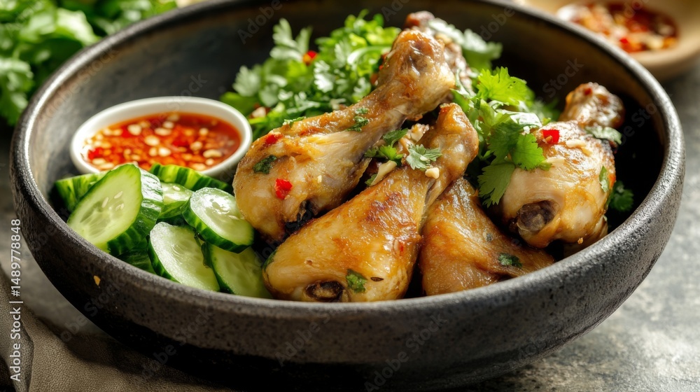 Poster a close-up of khao mok gai served with a side of cucumber salad and chili sauce, emphasizing the fre