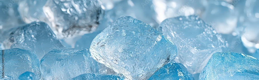 Poster closeup of blue ice cubes with glossy surface and subtle gradient