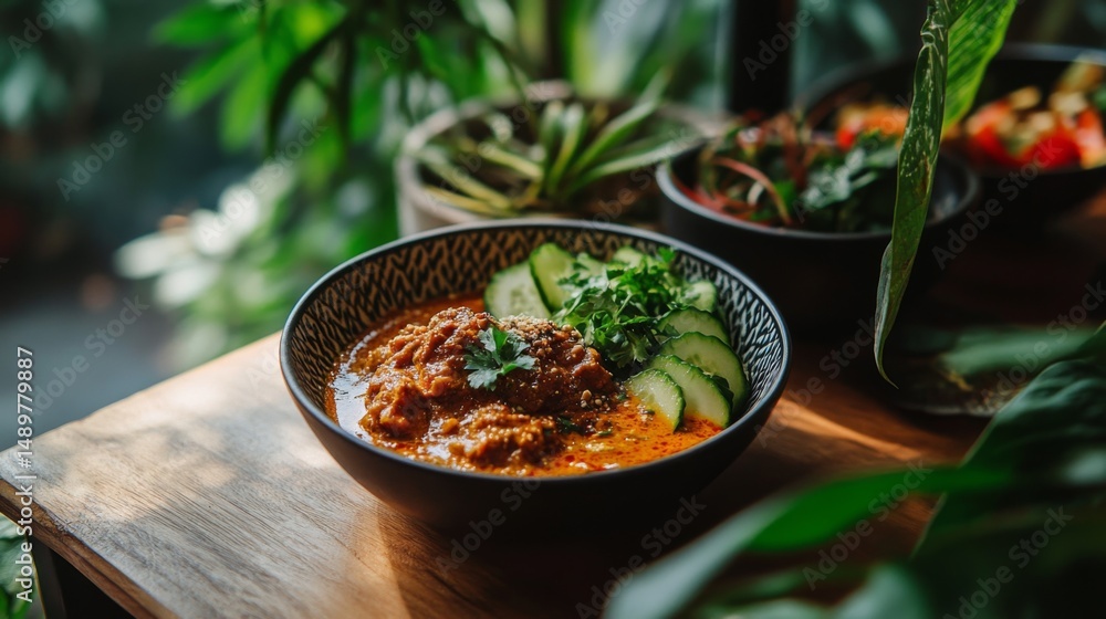 Poster a cozy setting featuring a serving of khao mok gai on a wooden table, adorned with colorful garnishe