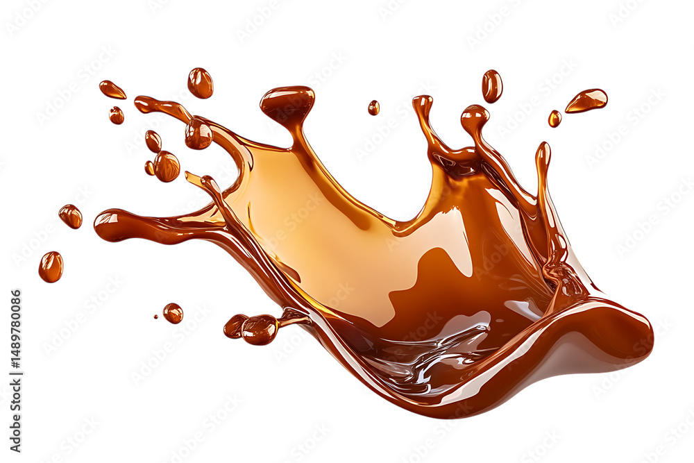 Poster caramel liquid splash with droplets isolated on trasparent background