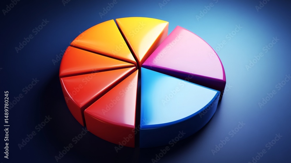 Poster a creative d pie chart with animated effects, displaying vibrant colors and smooth transitions betwe