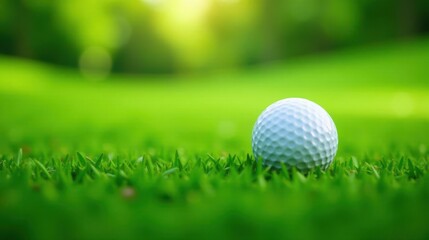 Obraz premium A lone golf ball rests gently on a vibrant green putting surface, bathed in the warm glow of sunlight, a tranquil scene of leisure and precision