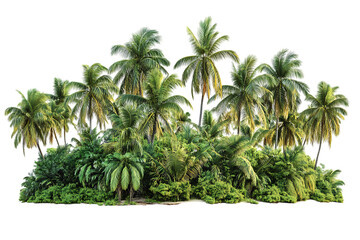Obraz premium Lush tropical vegetation features coconut palm trees and green bushes against a trasparent background