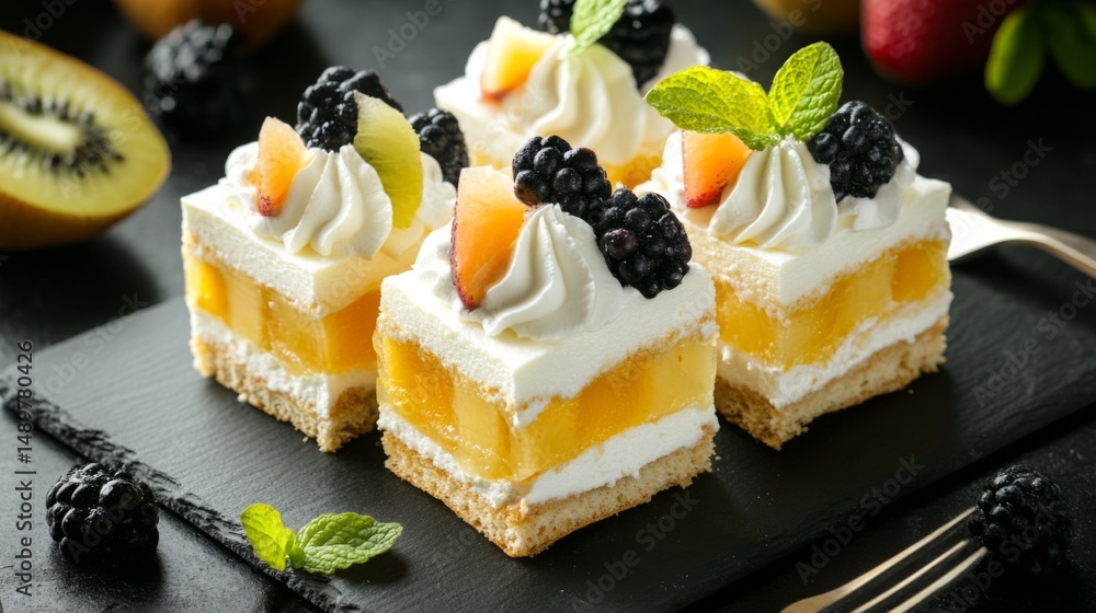 Poster a creative shot of honey toast with layers of cream cheese and fresh fruit, beautifully arranged on 