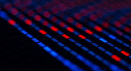 Abstract Digital Audio Mixer Console Close-Up: Red and Blue Lights Illuminate the Faders and Controls in a Dark Studio Environment. A Vibrant Display of Technology.