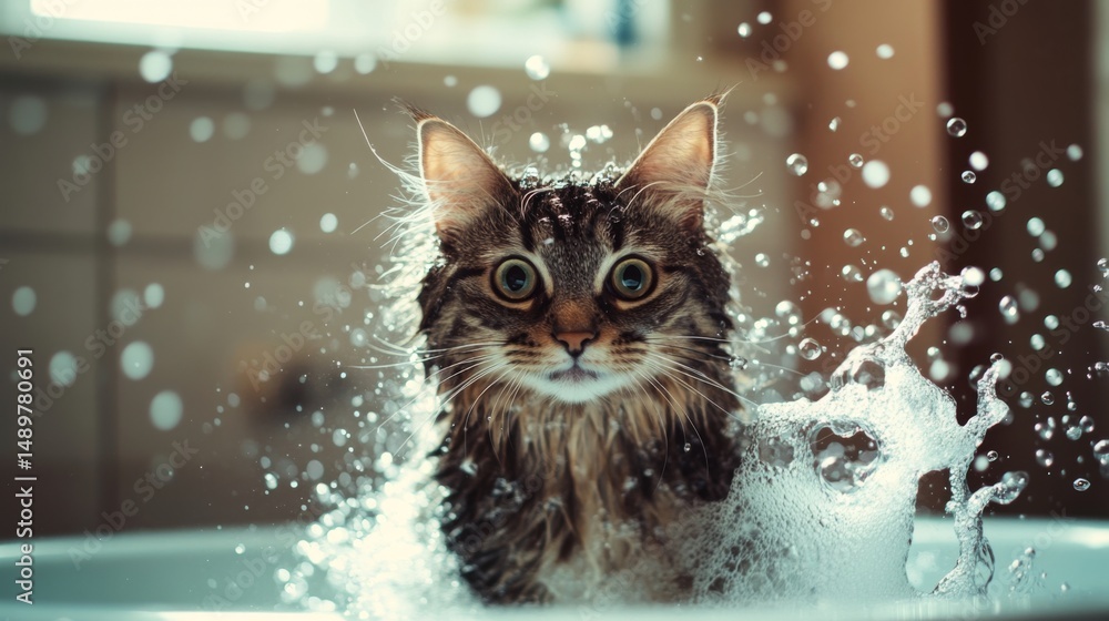 Poster a fluffy cat standing in a shallow tub, surrounded by bubbles, with a look of surprise as it shakes 