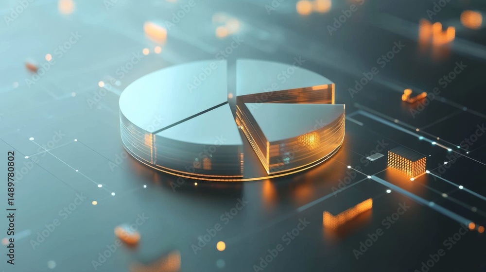 Poster a futuristic d pie chart with transparent slices and glowing edges, positioned on a tech-inspired ba