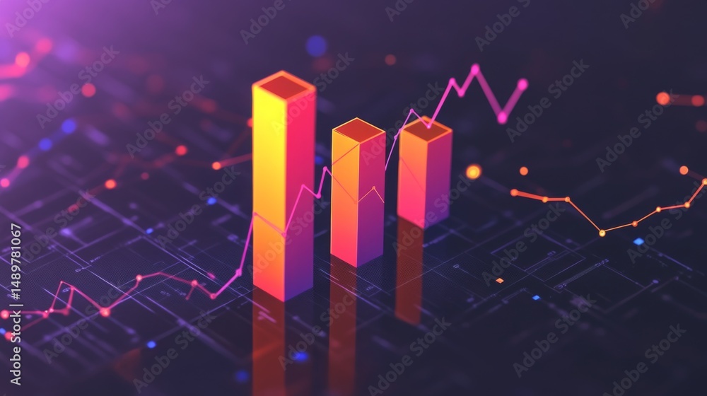 Poster a high-contrast d bar chart illustrating revenue growth, with sharp edges and a glossy finish, drawi