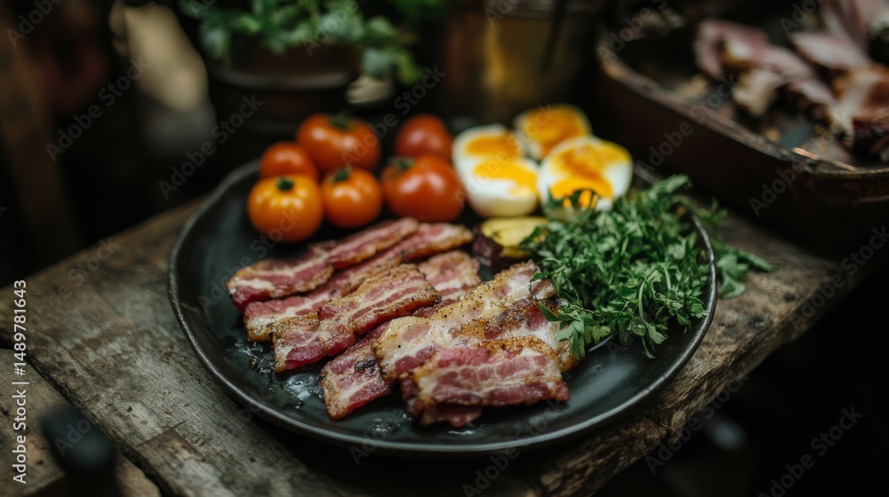 Poster A plate of bacon next to scrambled eggs and freshly sliced tomatoes, creating a hearty breakfast spread on a wooden table.