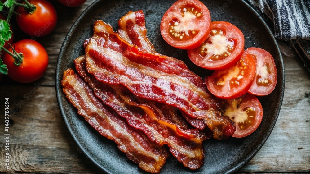 Poster A plate of bacon next to scrambled eggs and freshly sliced tomatoes, creating a hearty breakfast spread on a wooden table.