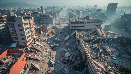 Dramatic aerial view of a city devastated by a major earthquake with buildings collapsed.