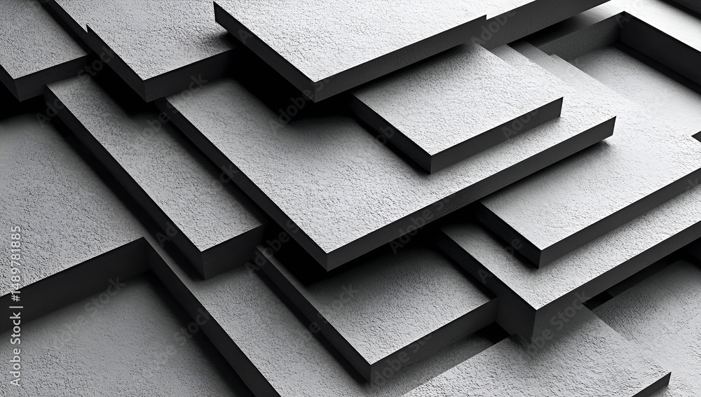 Poster abstract geometric composition featuring overlapping textured square shapes in monochromatic grey an