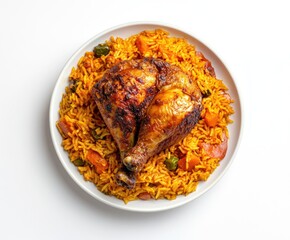 Roasted chicken thighs over flavorful rice dish