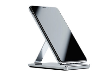 Modern smartphone resting on a sleek stand symbolizing innovation and connectivity in a fast on transparent background