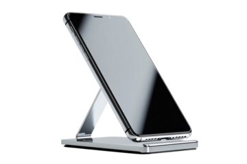Modern smartphone resting on a sleek stand symbolizing innovation and connectivity in a fast on transparent background