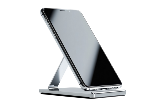 Modern smartphone resting on a sleek stand symbolizing innovation and connectivity in a fast on transparent background