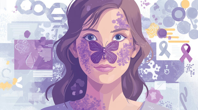 Digital illustration of a woman with a purple butterfly-shaped rash across her cheeks and nose, symbolizing systemic lupus erythematosus