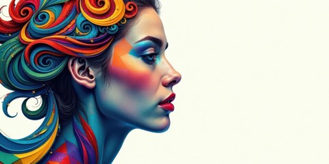 Obraz premium A Vibrant Profile Portrait Featuring a Woman Adorned with Swirling, Multicolored Hair and Artistic Makeup