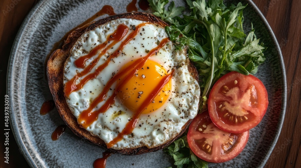 Poster a top-down view of a breakfast plate with a fried egg on toast, drizzled with hot sauce, accompanied
